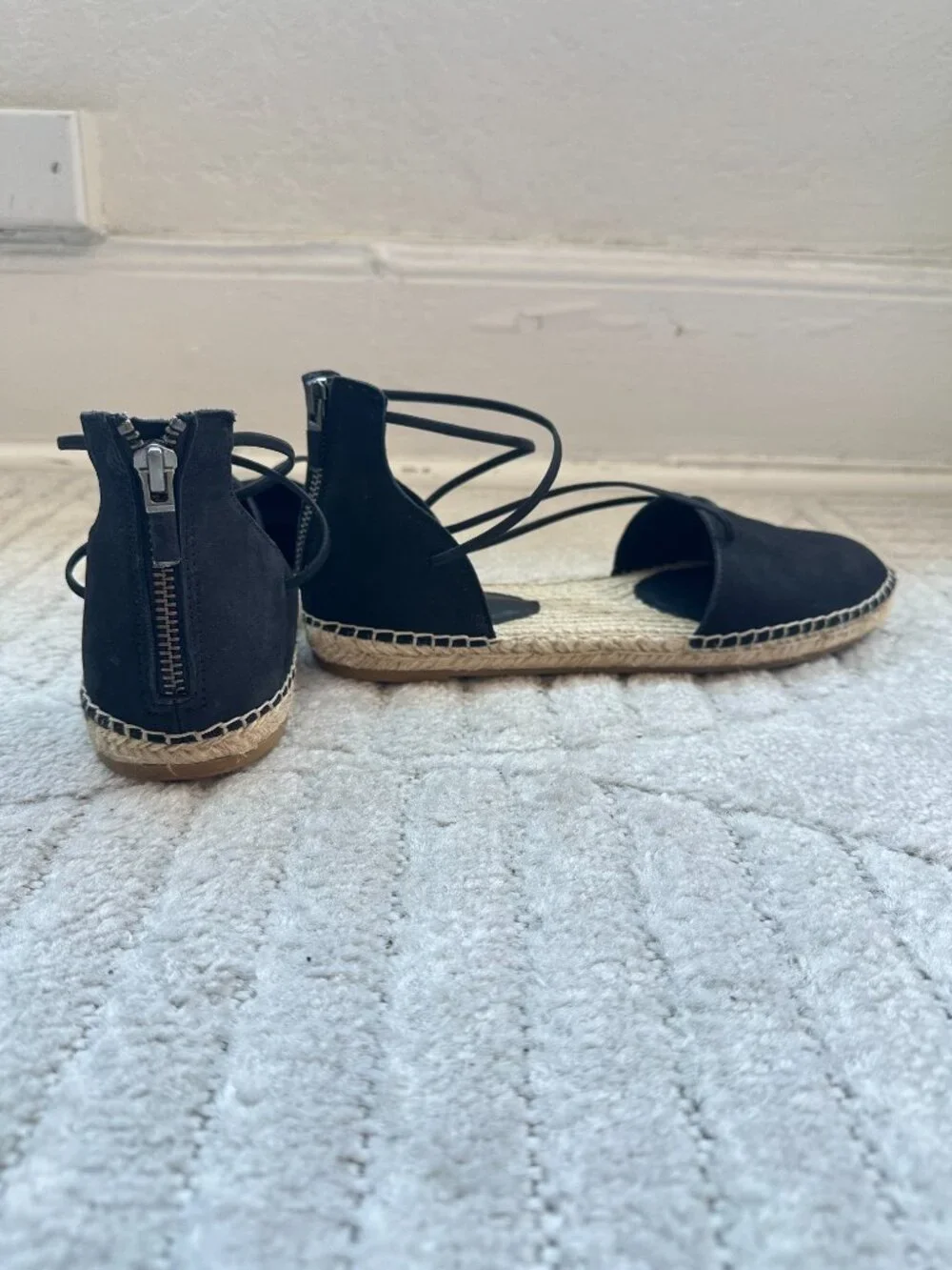 Eileen Fisher Lace Black Leather Lace-Up Espadrille Flats Women’s Size 8